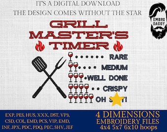 Maschinenstickdateien, Grillmeister Timer, Vatertagsschürze, lustige Stickdateien, Geschenkidee PES,Hus & mehr