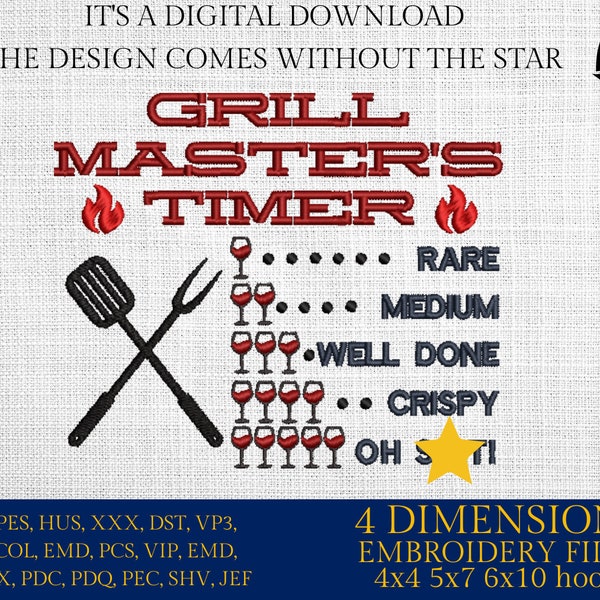 Machine Embroidery files, Grill Master's Timer, Father's Day Apron, funny embroidery files, gift idea PES, hus & more