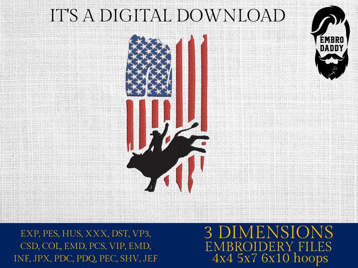 Bull Rider Embroidery Machine Embroidery Files, Bull American Flag, Bull Rider Flag, Rodeo ...