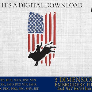 Peut inclure: Téléchargement numérique d'un motif de broderie représentant une silhouette de cow-boy chevauchant un taureau devant un drapeau américain délabré. Le motif est disponible en 3 tailles : 4x4, 5x7 et 6x10 pouces.