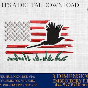 Machine Embroidery files, USA flag pheasant, PES, dst, xxx, hus & more