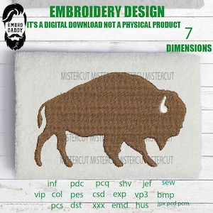 May include: Embroidery design of a brown bison with white accents. The design is available in 7 different sizes. The text "IT'S A DIGITAL DOWNLOAD NOT A PHYSICAL PRODUCT" is at the top of the image.