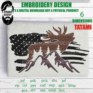 May include: Embroidery design of a brown elk with antlers standing in front of a mountain range with a black and white American flag behind it. The design is labeled "Tatami" and includes 6 dimensions.