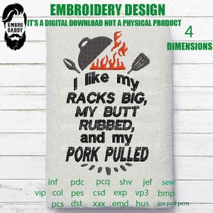 Machine Embroidery, I like my Racks Big, Funny Raunchy Rude BBQ, Father's Day Apron, funny embroidery files, gift idea PES, xxx, hus & more