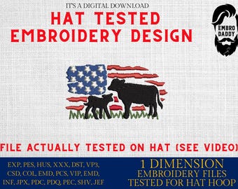 Machine Embroidery files, cow and calve, Usa Flag, embroidery file digitize for hat, American Flag PES, xxx hus & more