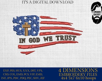 Machine Embroidery files, USA flag, In God we trust, DST, PES, xxx, hus & more