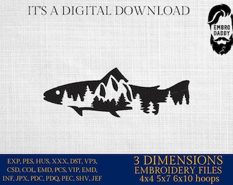 Machine Embroidery, Mountain salmon embroidery files, fisher Gift Idea, nature Design landscape, fish PES, xxx, hus & more, landscape pes