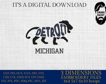 Machine Embroidery files, Lion, Detroit, Michigan, gift idea PES, dst, xxx, hus & more