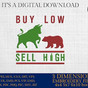 Pode incluir: Desenho de bordado de touro verde e urso vermelho com o texto "BUY LOW SELL HIGH" e "3 DIMENSIONS EMBROIDERY FILES 4x4 5x7 6x10 hoops".
