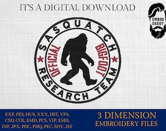 Machine Embroidery files, Sasquatch search team embroidery files,  bigfoot Design, PES, xxx, hus & more