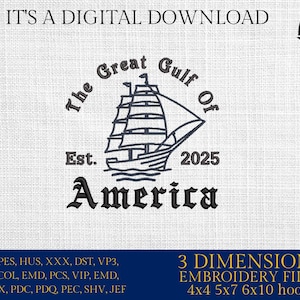 機械刺繍ファイル、グレートガルフオブアメリカエスト。2025年トランプ大統領ベストバイラルミームマップ地図作成、PES、xxx、dst、husなど
