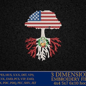 May include: An embroidered design featuring a tree with the American flag as the crown and Peruvian flag as the roots. The design is on a black background. The text "3 DIMENSIONS EMBROIDERY FILES" is at the bottom, along with hoop sizes.