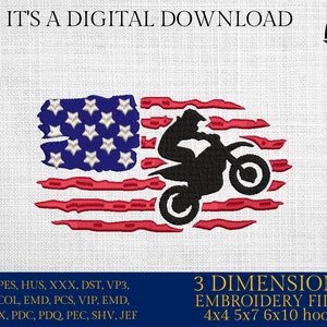 May include: A digital embroidery design of a motorcycle rider jumping over a distressed American flag. The design is available in 3 sizes: 4x4, 5x7, and 6x10 inches. The design is available in the following formats: EXP, PES, HUS, XXX, DST, VP3, CSD, COL, EMD, PCS, VIP, EMD, INF, JPX, PDC, PDQ, PEC, SHV, and JEF.