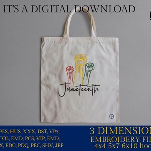 K&ouml;nnte beinhalten: Eine wei&szlig;e Einkaufstasche mit dem Wort "Juneteenth" und drei erhobenen F&auml;usten in Rot, Gelb und Gr&uuml;n. Die Tasche ist als digitaler Download erh&auml;ltlich und enth&auml;lt Stickdateien in den Gr&ouml;&szlig;en 4x4, 5x7 und 6x10.