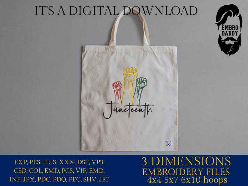 K&ouml;nnte beinhalten: Eine wei&szlig;e Einkaufstasche mit dem Wort "Juneteenth" und drei erhobenen F&auml;usten in Rot, Gelb und Gr&uuml;n. Die Tasche ist als digitaler Download erh&auml;ltlich und enth&auml;lt Stickdateien in den Gr&ouml;&szlig;en 4x4, 5x7 und 6x10.