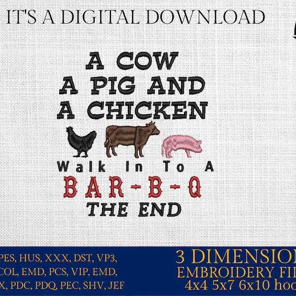 Machine Embroidery files, a cow a pig and a chicken, BBQ, grill, DST, PES, xxx, hus, dst & more