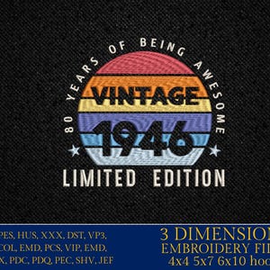 May include: Embroidered patch with a retro design. The patch features the text "VINTAGE 1946" in a circular design with the words "80 YEARS OF BEING AWESOME" around the top. The patch is a limited edition.
