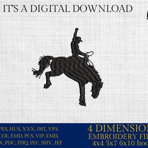 Puede incluir: Diseño de bordado negro de un caballo salvaje con un jinete. El texto "IT'S A DIGITAL DOWNLOAD" está en la parte superior. La imagen incluye el texto "4 DIMENSIONS EMBROIDERY FILES 4x4 5x7 6x10 hoops". El logotipo de Embro Daddy está en la esquina superior derecha.