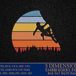 Op de afbeelding: Een silhouet van een persoon die klimt op een retro-berg met een meerkleurig gestreept ontwerp. De afbeelding bevat de tekst "3 DIMENSIONS EMBROIDERY FILES 4x4 5x7 6x10 hoops".