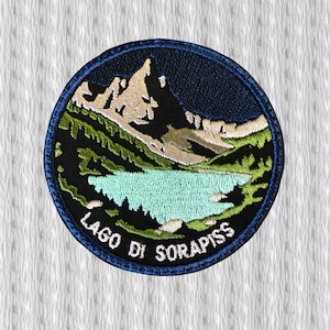 Lago di Sorapiss Iron-On Patch – Embroidered Mountain Badge, Italian Alps Souvenir, Travel Patch for Backpack, Jacket, Hiking Gear