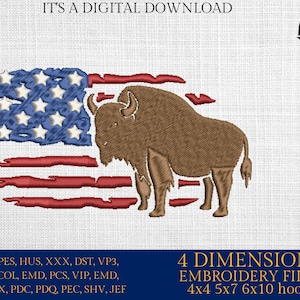 Machine Embroidery files, Usa Flag bison, DST, PES, xxx, hus & more