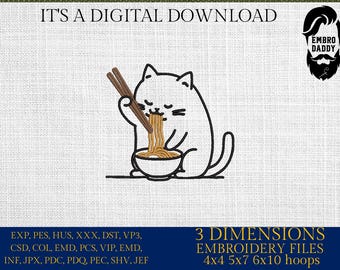 Machine Embroidery files, Cute Cat, Japanese Noodle, Cartoon Cat, Cat Eating Ramen, PES, DST, xxx, hus & more