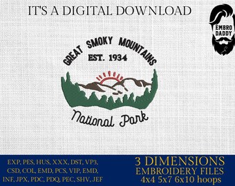 May include: Digital embroidery file design of the Great Smoky Mountains National Park logo. The logo features a green mountain range with a red sun rising behind it. The text "Great Smoky Mountains" is in a circle around the mountains, with "Est. 1934" below it. The text "National Park" is below the mountains. The design is available in 4x4, 5x7, and 6x10 hoop sizes.