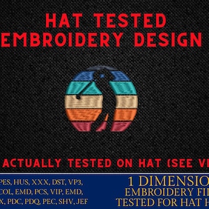 Puede incluir: Fondo negro con texto rojo "HAT TESTED EMBROIDERY DESIGN". Un diseño de bordado con temática de golf está en el centro, con una silueta de golfista dentro de un círculo a rayas. El texto "FILE ACTUALLY TESTED ON HAT (SEE VIDEO)" está debajo.