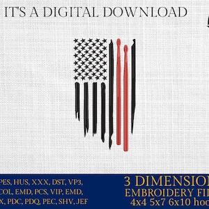 May include: Digital embroidery design featuring an American flag with black and red drumsticks. The design includes the text "IT'S A DIGITAL DOWNLOAD" and "EMBRO DADDY". The design is for 4x4, 5x7, and 6x10 hoops.
