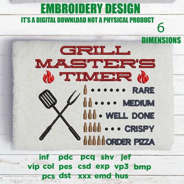 Machine Embroidery, Grill Master's Timer, Drink Beer Grill Meat BBQ, Father's Day Apron, funny embroidery files, gift idea PES, hus & more