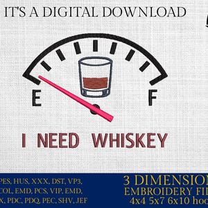 Könnte beinhalten: Ein digitales Stickmuster einer Tankanzeige mit einem Glas Whisky anstelle von Kraftstoff. Die Nadel zeigt auf leer und der Text lautet "Ich brauche Whisky". Das Design ist in den Größen 4x4, 5x7, 6x10 erhältlich.