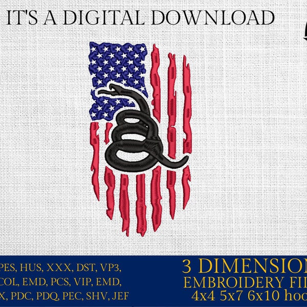 Machine Embroidery files, USA flag Snake, Gadsen flag, PES, xxx, hus, dst & more