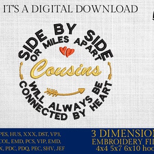 Machine Embroidery family, embroidery files,  Side By Side or Miles Apart cousins, Connected By Heart gift idea PES, xxx, hus & more