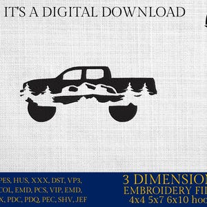 Könnte beinhalten: Schwarze Silhouette eines Trucks mit Berg- und Baumdetails, beschriftet mit "IT'S A DIGITAL DOWNLOAD". Enthält "3 DIMENSIONS EMBROIDERY FILES" für 4x4, 5x7 und 6x10 Rahmen. Mit dem Logo "EMBRO DADDY".
