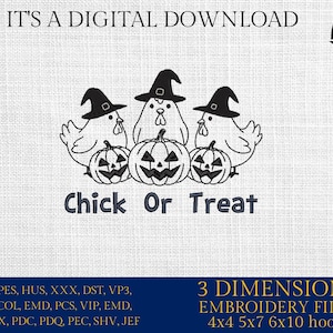 Machine Embroidery files, Chick or Treat, Halloween Chicken Witch, Ghost Chickens, Farm Animal, Pumpkin, Spooky, PES, DST, xxx, hus & more