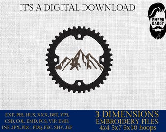 Machine Embroidery files, Chain ring with mountain, mountain bike, mtb, biker, cycling, mountain bike, downhill, PES, xxx, hus & more