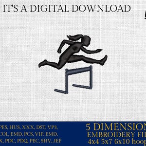 Op de afbeelding: Zwart silhouet van een persoon die over een horde springt. De afbeelding bevat de tekst "IT'S A DIGITAL DOWNLOAD" en "EMBRO DADDY". Onder de afbeelding staat "5 DIMENSIONS EMBROIDERY FILES 4x4 5x7 6x10 hoops".