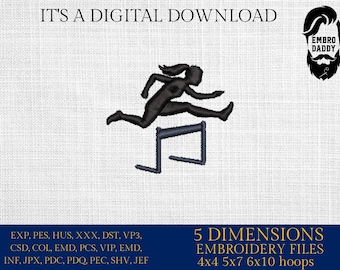 Machine Embroidery files, Track Field Female, Woman Hurdler with Pony Tail Jumping Hurdle, sport, PES, xxx, hus & more