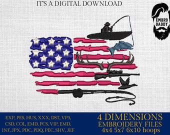 May include: Embroidered design of an American flag with various hunting and fishing motifs, including a deer head, a rifle, a fishing rod, and a fish. The design is available in four sizes: 4x4, 5x7, 6x10 hoops. The text "IT'S A DIGITAL DOWNLOAD" and "EMBRO DADDY" are also included in the image.