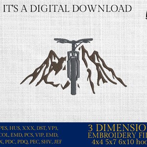Könnte beinhalten: Digitales Stickdatei-Design eines Mountainbikes vor einer Bergkette. Das Design ist in den Größen 4x4, 5x7 und 6x10 erhältlich. Die enthaltenen Dateiformate sind EXP, PES, HUS, XXX, DST, VP3, CSD, COL, EMD, PCS, VIP, EMD, INF, JPX, PDC, PDQ, PEC, SHV und JEF.