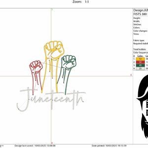 K&ouml;nnte beinhalten: Ein Stickmuster mit f&uuml;nf erhobenen F&auml;usten in Rot, Gelb, Gr&uuml;n und Wei&szlig;, unter dem das Wort "Juneteenth" steht. Das Design ist 3,91 Zoll hoch und 3,81 Zoll breit und umfasst 7.815 Stiche.