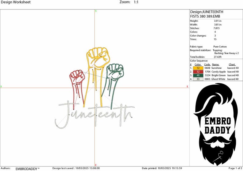 K&ouml;nnte beinhalten: Ein Stickmuster mit f&uuml;nf erhobenen F&auml;usten in Rot, Gelb, Gr&uuml;n und Wei&szlig;, unter dem das Wort "Juneteenth" steht. Das Design ist 3,91 Zoll hoch und 3,81 Zoll breit und umfasst 7.815 Stiche.