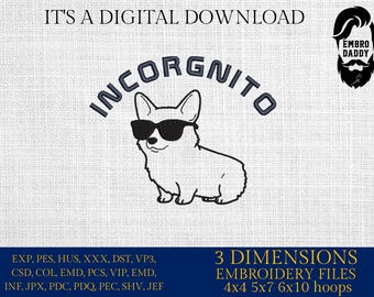 Machineborduurbestanden, incorgnito, incognito, corgi, moeder, puppy, leuke woordspelingen, grappige schets, gezegden, pes, zomertijd, hus en meer