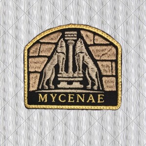 May include: Embroidered patch featuring a gold border and a black base. The design includes two stylized lion figures flanking a central pillar, set against a brick wall background. The word "MYCENAE" is embroidered in gold.