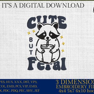 Machine Embroidery files, Cute But Feral Raccoon, Funny Sarcastic Quote, Vintage Snarky, Adult Humor, Summer Retro Feral, PES, xxx & more