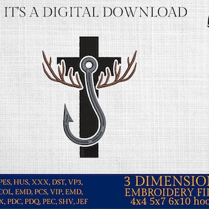 cross fish hook and deer Buck Doe with fishing hooks with Heart digitized Filled machine embroidery design 925 Sterling Silver Fishing Hook Cross - Etsy