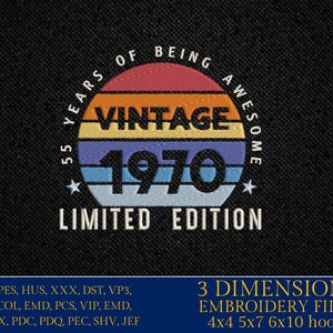 May include: Embroidered patch with a retro design. The design features the words "VINTAGE 1970" in a circular shape with a color gradient of red, orange, yellow, purple, and blue. The text "55 YEARS OF BEING AWESOME" and "LIMITED EDITION" are also included.