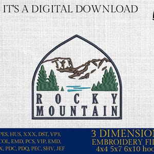 Machine embroidery files, Rocky Mountain National Park Emblem , PES, DST, hus & more