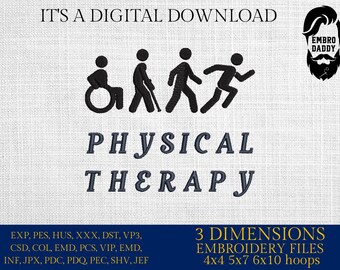 Op de afbeelding: Digitale download van borduurbestanden voor fysiotherapie. Het ontwerp toont vier stokfiguren die verschillende stadia van fysiotherapie voorstellen, waaronder een persoon in een rolstoel, een persoon die met een stok loopt, een persoon die loopt en een persoon die rent. De borduurbestanden zijn verkrijgbaar in de maten 4x4, 5x7, 6x10.