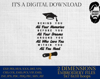 Machine Embroidery files, behind your all your memories, graduation,  PES, dst, xxx, hus & more, embroidery files